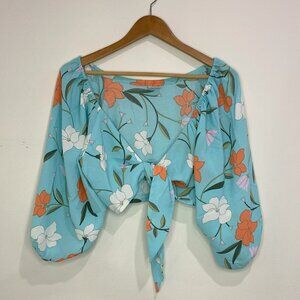 Hurley - Floral, Tie-Front, Crop, 3/4 sleeve,  Blue, Top - Size L